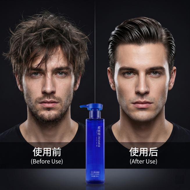 柔媄极小方瓶特硬啫喱膏对比展示主图，一边是未造型乱发，一边是用本品定型后的清爽背头，产品放置在画面下方，深色简约背景，突出产品定型效果，电商宣传风格预览效果