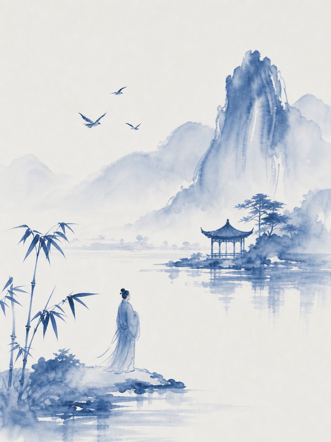 参考图片的中国风水墨青花风格，重新生成全新的画面内容。采用蓝白… - 图片创意预览