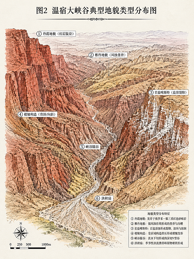 学术手绘风格的温宿大峡谷地貌全景标注图，3:4竖版构图。画面展示壮阔的红色峡谷景观，赭红色和土黄色的崖壁层层叠叠，峡谷蜿蜒曲折。用数字引线标注典型地貌类型：①"丹霞地貌（红层陡崖）"指向左侧赤壁丹崖，②"雅丹地貌（风蚀垄脊）"指向中部长条形风蚀土丘，③"岩盐喀斯特（盐溶裂隙）"指向崖壁上的白色盐结晶和溶沟，④"褶皱构造（背斜/向斜）"指向弯曲的岩层剖面，⑤"峡谷隘谷"指向最深处的V型谷，⑥"洪积扇"指向谷底出口处的扇形堆积。顶部有标题"图2 温宿大峡谷典型地貌类型分布图"。风格为地质科学考察手绘图，钢笔淡彩风格，线条精细，标注清晰，米白底色，学术感强。