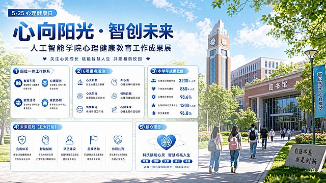 将展板背景改为校园风格：绿树成荫的大学校园道路、教学楼、图书馆等元素，保留所有文字内容（核心主题、四位一体体系、6项活动、成果数据、未来规划、核心理念），整体色调清新明亮，体现青春活力与学术氛围