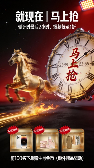 方案三：限时秒杀（适合直播间/ push通知）

营销定位：制造稀缺性与紧迫感，利用"马上"双关语义
即梦Prompt：
动态瞬间定格海报，对角线构图，深红到黑的渐变背景模拟夜晚促销氛围，一匹金色骏马预览效果