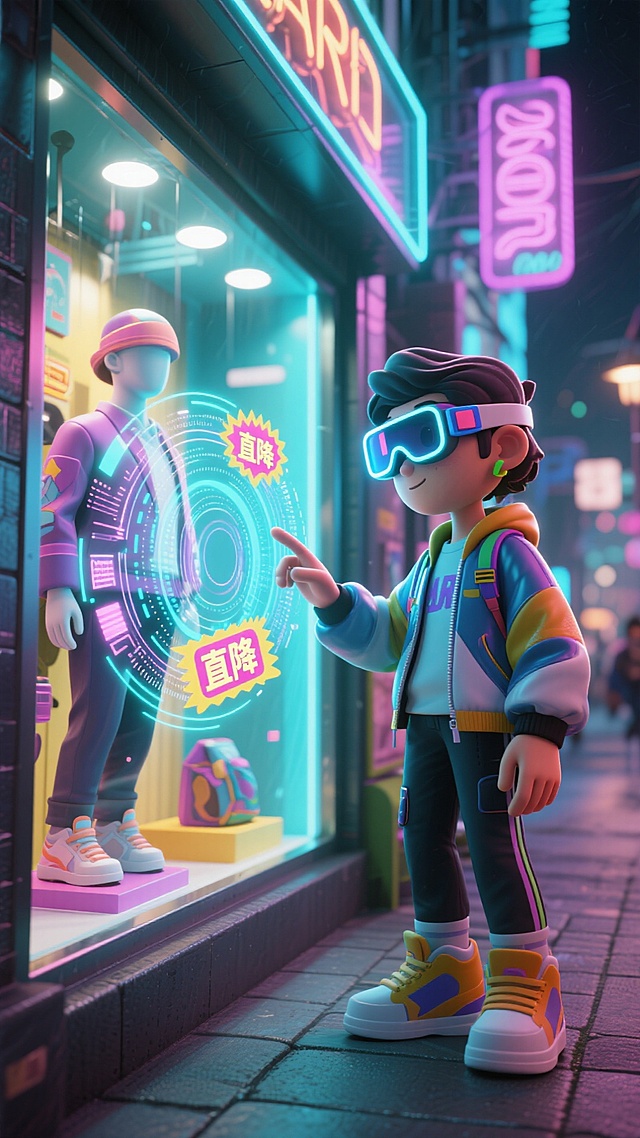 赛博朋克风3D卡通场景，霓虹灯映照未来都市，虚拟现实互动促销，酷炫科技感十足。