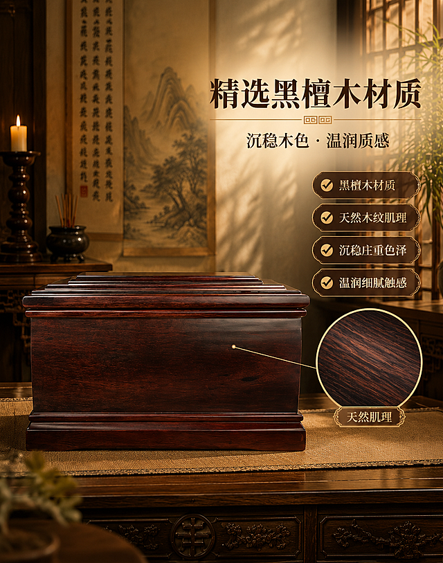 [商品] 使用【图4】龙凤呈祥黑檀木骨灰盒素面侧面图；保留侧面大面积天然黑檀木纹理、天地盖分层结构、深棕木色、方正造型；商品处理：增强天然木纹纹理清晰度，使木材肌理更细腻可见，突出黑檀木沉稳温润质感，不改变产品外形。
[画面] 材质展示页，产品侧面居中偏左，占画面约55%，大面积展示木纹肌理；右侧为材质卖点文字与放大镜细节框；背景为中式厅堂，左侧烛台香炉，后方山水挂画，右侧木格窗透进自然光；前景桌面铺竹席，整体雅致沉静。
[视觉] 套系策略：风格=东方传统美学商业摄影；标题字=宋体衬线粗体（庄重典雅）；正文字=简洁宋体；主色=黑檀木深棕近黑色；背景延展=基于深棕木色做深浅层级、暖棕渐变、宣纸/木纹质感；强调色=暗金色，仅用于小面积图标、引线、装饰线条；标题色=深棕近黑；正文色=中暖棕；组件=圆角深木色信息卡、细金线引线、传统回纹装饰；光影=左前侧暖柔光，侧逆光勾勒轮廓，整体暖调庄重沉稳。
[文字] 右上主标题"精选黑檀木材质"，副标题"沉稳木色 · 温润质感"；下方四个卖点："黑檀木材质""天然木纹肌理""沉稳庄重色泽""温润细腻触感"，每项配暗金勾选图标；右侧圆形放大镜框标注"天然肌理"；所有文字横排，右半区布局，移动端可读。
[规格] 图片比例790:1000竖版，4K分辨率，负向提示：避免变形、错字、文字过小、冷蓝/冷灰背景、木纹失真、颜色改变、现代简约风格、产品变色。