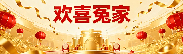 请设计横屏图，比例33.9比10，主标题：《欢喜冤家》红色   金色主色调（契合年会氛围），标题加粗放大
