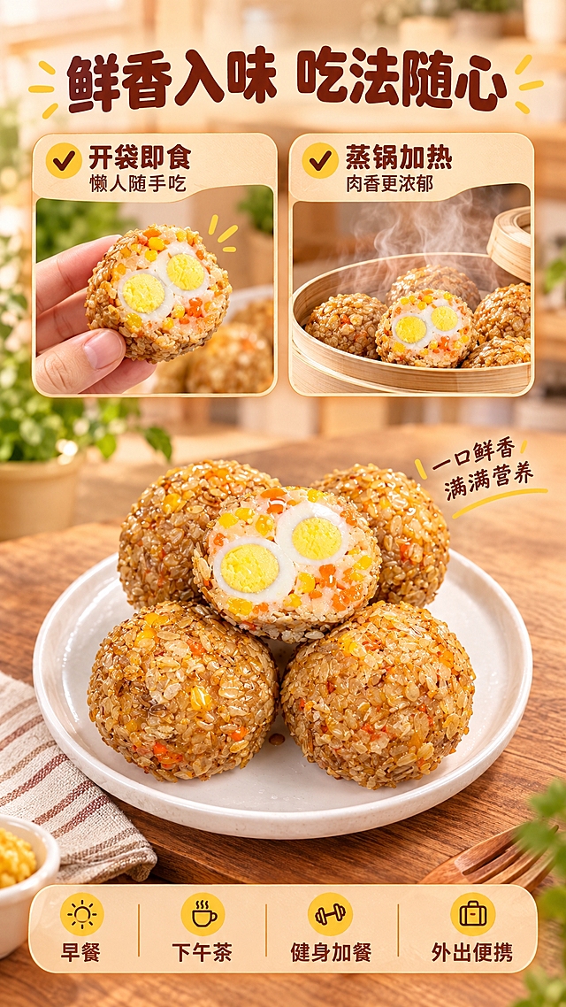 [商品] 使用【图2】盘中小肉蛋图；保留产品外观、颜色和材质；增强产品表面光泽和食欲感，不改变形态。
[画面] 目标：食用场景页，鲜香入味吃法随心，多场景种草。构图：上半部分2个圆角卡片横向排列展示两种吃法（左：开袋即食手拿小肉蛋；右：蒸锅加热冒热气），下半部分产品摆盘大图+场景文字。背景为温馨厨房餐桌场景，木质桌面、绿植、餐盘，暖调自然光。前中后景三层：前景餐具/纸巾、中景产品摆盘+吃法卡片、后景虚化厨房背景。
[视觉] 套系策略：风格=温馨家常食欲风商业摄影；标题字=圆润粗黑体（思源黑体Heavy）；正文字=简洁无衬线体（思源黑体Regular）；主色=暖橙棕（取自产品肉色与燕麦色）；背景延展=基于暖橙棕做深浅层级、同色渐变和细腻木纹/纸质质感；强调色=蛋黄色，仅用于小面积图标、引线和标签高亮；标题色=深棕红；正文色=暖深灰；组件=圆角浅橙信息卡、细线引线、蛋黄圆点icon；光影=左前侧暖柔光，模拟窗边自然光，产品切面有高光。
[文字] 顶部主标题「鲜香入味 吃法随心」，两个卡片分别标注：「✅ 开袋即食 懒人随手吃」「✅ 蒸锅加热 肉香更浓郁」。底部4个场景标签横向排列：「早餐」「下午茶」「健身加餐」「外出便携」。所有文字横向排版，字号保证手机端清晰可读。
[规格] 图片比例9:16竖版，2K分辨率，避免变形、错字、文字过小、冷蓝背景、产品颜色改变、结构失真、极限词。