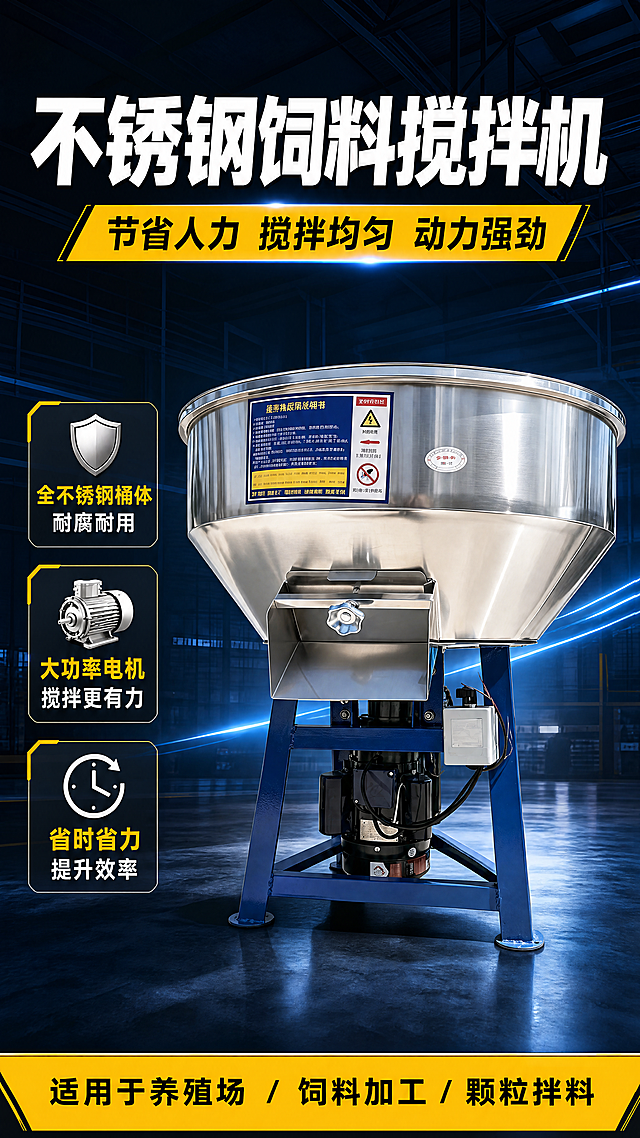 [第1屏] 详情页头图-不锈钢饲料搅拌机产品宣传海报。本屏使用【图4】作为商品主体，参考【图10】的版式设计和配色风格，整体相似度70%。
[氛围/风格] 工业机械风，深蓝暗调背景，搭配蓝色霓虹光效，突出不锈钢金属质感，商业宣传海报氛围，高清真实产品质感。
[元素布局] 不锈钢饲料搅拌机主体放置在画面中下区域，占据画面65%-70%的主体位置，保持产品物理结构、材质颜色、部件轮廓与输入产品图一致：蓝色支架，银色不锈钢桶身，锥形桶底，侧开式加大出料口，底部安装黑色电机和白色控制盒。顶部保留充足区域放置大标题，底部添加信息条放置适用场景。背景为工业厂房内部环境，增加科技光效线条增强氛围感，整体干净突出主体。
[光影质感] 正面主光源照亮不锈钢桶身，形成清晰高光反光，突出金属拉丝质感，背景光线稍暗，突出产品主体轮廓，明暗层次分明，产品边缘清晰真实。
[配色色系] 全局底色：#1a202c（深灰蓝）；主体配色：#e2e8f0（不锈钢银色）+#2b5ec9（支架蓝色）；辅助色：#facc15（信息条黄色）+#ffffff（标题白色）。
[视角构图] 正面平视视角，产品居中偏下放置，主体突出，符合竖版构图阅读动线。
[文字版式] 顶部区域为大标题，底部为场景信息条，左侧排列卖点图标和文字。大标题为 "不锈钢饲料搅拌机"，白色粗体大字，顶部居中，字号占画面宽度8%-10%。标题下方黄色条幅写副标题 "节省人力 搅拌均匀 动力强劲"，黑色字体。左侧排列三个卖点信息：第一个盾牌图标配文字 "全不锈钢桶体 耐腐耐用"，第二个电机图标配文字 "大功率电机 搅拌更有力"，第三个时钟图标配文字 "省时省力 提升效率"，每个卖点都使用深色底配浅色文字，图标配文字排版整齐。底部黄色信息条写 "适用于养殖场 / 饲料加工 / 颗粒拌料"，黑色字体居中排列。所有文字不遮挡产品主体，排版整齐，符合移动端阅读，文字清晰可辨。
[比例分辨率] 9:16竖版比例，4K分辨率，文字清晰可辨，超高清。
[负向提示词] 产品变形，结构错误，缺件错件，颜色偏差，文字错乱，水印，产品模糊，背景杂乱，文字不清晰。
