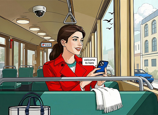 把女人的墨镜去掉，表情改为欣赏风景的快乐，手机上弹出消息弹窗welcome to here，同时保持画面其他内容、色彩和角度不变。