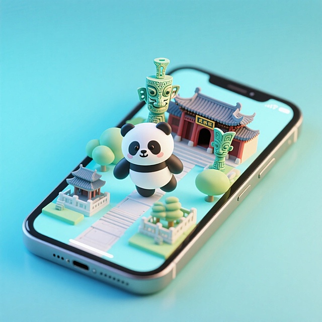 软3D风格的微缩艺术场景，可爱熊猫在手机屏幕上的中式庭院中漫步，搭配粘土质感建筑与绿植，清新柔和，充满卡通感与舒适氛围。