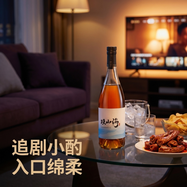 [主图 6] 跃山海黄酒深夜追剧小酌主图，夜宵氛围温暖烟火气；
[氛围风格] 居家松弛治愈氛围；
[画质] 商业摄影质感，光线柔和通透，产品清晰真实，画面干净高级；
[元素] 客厅沙发前茶几，跃山海黄预览效果
