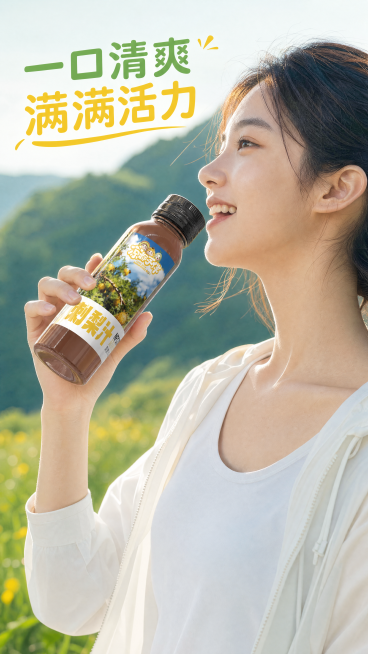 [第4屏] 模特展示-年轻女生手持刺梨汁户外饮用场景。本屏使用【图3】单瓶产品。
风格：清新生活风，户外自然光，干净清爽有活力。
布局：亚洲年轻女生半身侧脸，户外草地背景，右手持单瓶刺梨汁做饮用姿态，预览效果