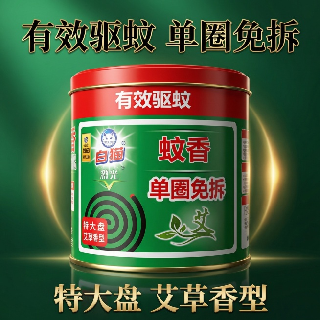 高端电商主图，白猫艾草蚊香置于画面中心，背景为渐变深绿色搭配柔和艾草光晕，突出“有效驱蚊 单圈免拆”“特大盘 艾草香型”卖点文字，文字使用精致粗黑体，光影营造高级质感，整体风格奢华大气，吸引客户购买欲预览效果