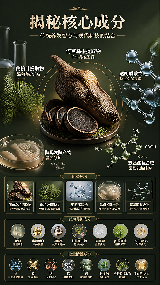 第3张 成分解析篇-揭秘核心成分传统养发智慧与现代科技结合。本张为成分机理专页，不强制垫产品图，以成分原料大图和分子结构为主视觉。
氛围/风格：科研草本结合质感，实验器皿+天然原料，专业可信，成分元素大且占主画面。
元素布局：画面中央偏上为大号何首乌根药材特写，占画面35%以上；周围环绕侧柏叶、透明质酸分子3D模型、酵母发酵培养皿、氨基酸分子结构；下方分三排成分卡片，核心成分、辅助养护成分、微量活性成分分层展示；成分原料图和分子示意图占画面60%以上，不是小icon点缀。
光影质感：实验室冷光与暖光结合，原料有自然纹理高光，分子结构有透明质感，整体干净专业。
配色色系：全局底色 #1E2A18 深墨绿；主色米白 #F5EFE0；辅助色草木绿 #6B8E4E、金色 #C9A961。
视角构图：中心放射式构图，阅读动线从中央主成分→周围次成分→底部文字说明。
文字版式：顶部大标题「揭秘核心成分」，副标题「传统养发智慧与现代科技的结合」；中央何首乌旁标注「何首乌根提取物 千年养发圣药」；侧柏叶旁标注「侧柏叶提取物 温和养护头皮」；透明质酸分子旁标注「透明质酸钠 深层保湿亮泽」；酵母发酵旁标注「酵母发酵产物 营养修护」；下方三行小字列出辅助成分与微量成分名称。
比例分辨率：9:16竖版，4K分辨率，文字清晰可读。
负向提示词：文字过小，成分图模糊，画面杂乱，水印，颜色偏差，信息堆砌。