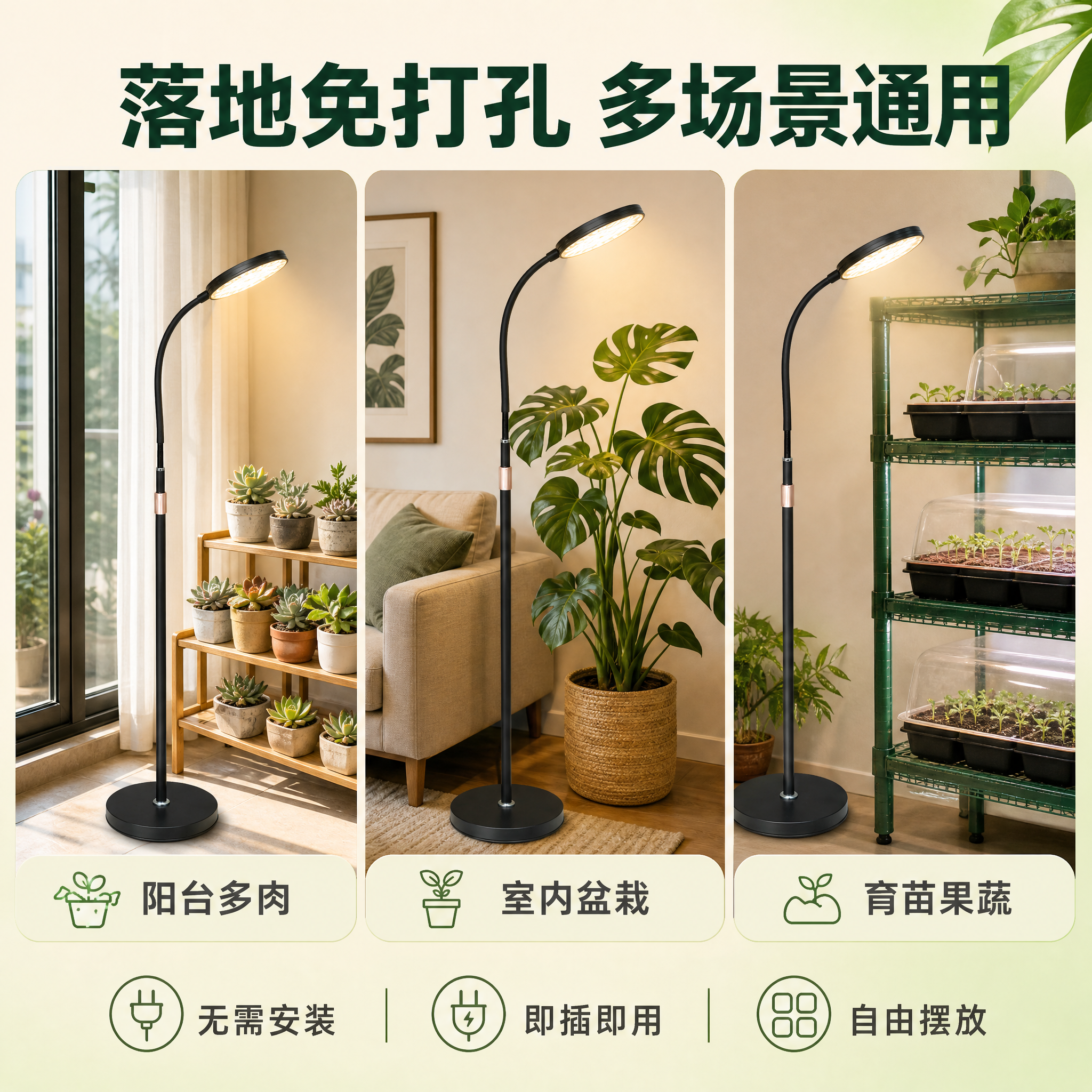 [主图-3] 落地免打孔与多场景适用展示 突出安装便捷和广泛用… - 图片创意预览