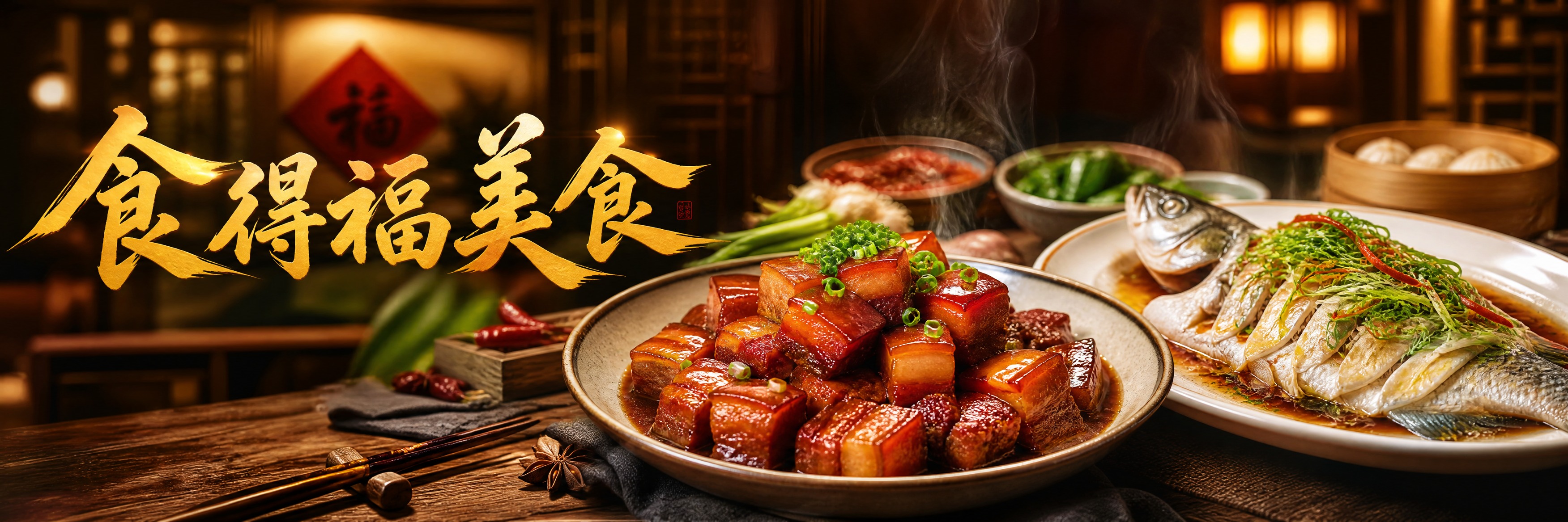 美食餐厅海报设计，店名"食得福美食"以精美书法字体呈现，写实写… - 图片创意预览