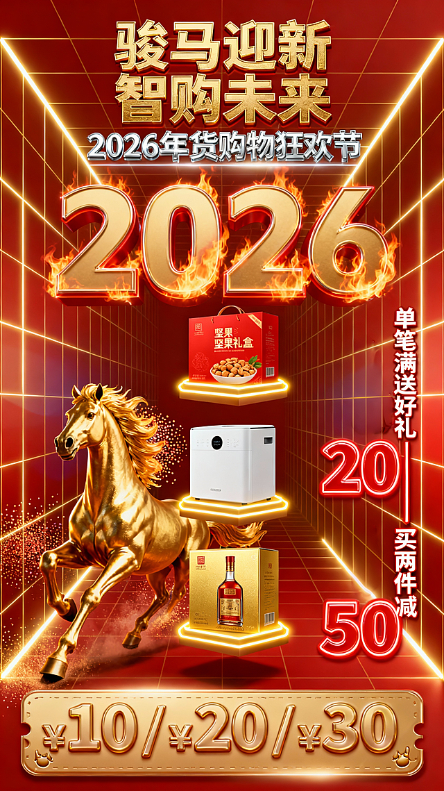 鎏金风与霓虹灯风交织，3D重拟物设计呈现骏马奔腾的喜庆感，科技感十足的未来空间背景，融合奢华粒子效果，营造2026年货节的高端视觉盛宴。
