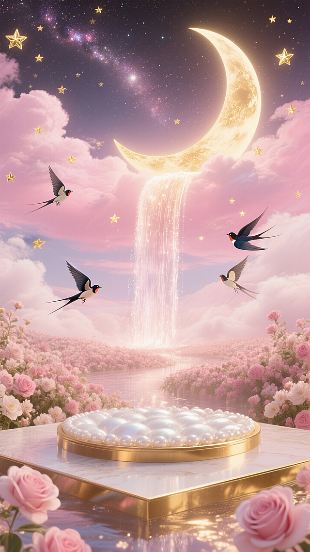 梦幻3D场景，唯美的月牙瀑布，浪漫的花海与飞鸟，鎏金元素点缀，超现实主义风格。