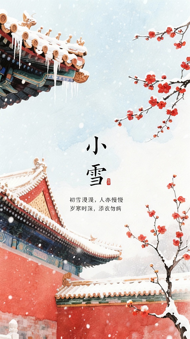 水彩厚涂风格海报，左侧露出故宫一角，屋顶覆盖白雪，红墙与白雪形成鲜明对比，屋檐下有冰挂；右侧上空几支腊梅傲然绽放，黄色花瓣点缀枝头；天空中飘着细密的雪花，营造出初雪的静谧氛围。海报中间有“小雪”两个大字，字体优美，边缘柔和；底部边缘配以“初雪漫漫，人亦慢慢，岁寒时深，添衣勿病”的小字，整体色调以淡雅的蓝白为主，点缀红色与黄色，画面层次丰富，意境悠远