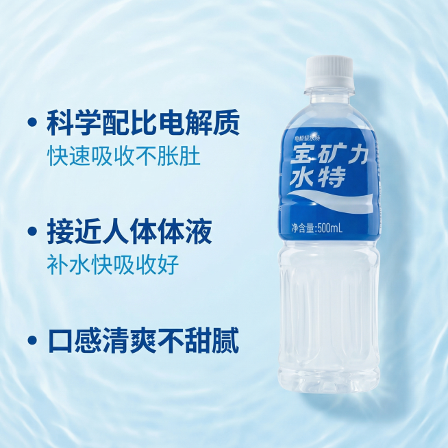 [主图 2]宝矿力水特核心卖点展示，保持产品原外观不变
[氛围/风格]干净专业理性风格，突出产品功效
[画面元素]宝矿力水特瓶子放置在画面右侧，左侧留白展示产品核心优势，背景浅蓝色清爽干净，搭配淡淡的预览效果