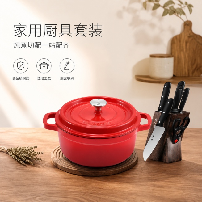 [单张主图] 厨具套装，高级氛围感主图，展示红色珐琅炖锅与刀具套装，传递专业品质与实用价值。
[画面主体] 保持原产品外观（物理结构、材质质感、颜色、logo文字）与输入产品图绝对一致，杜绝任何变形和预览效果