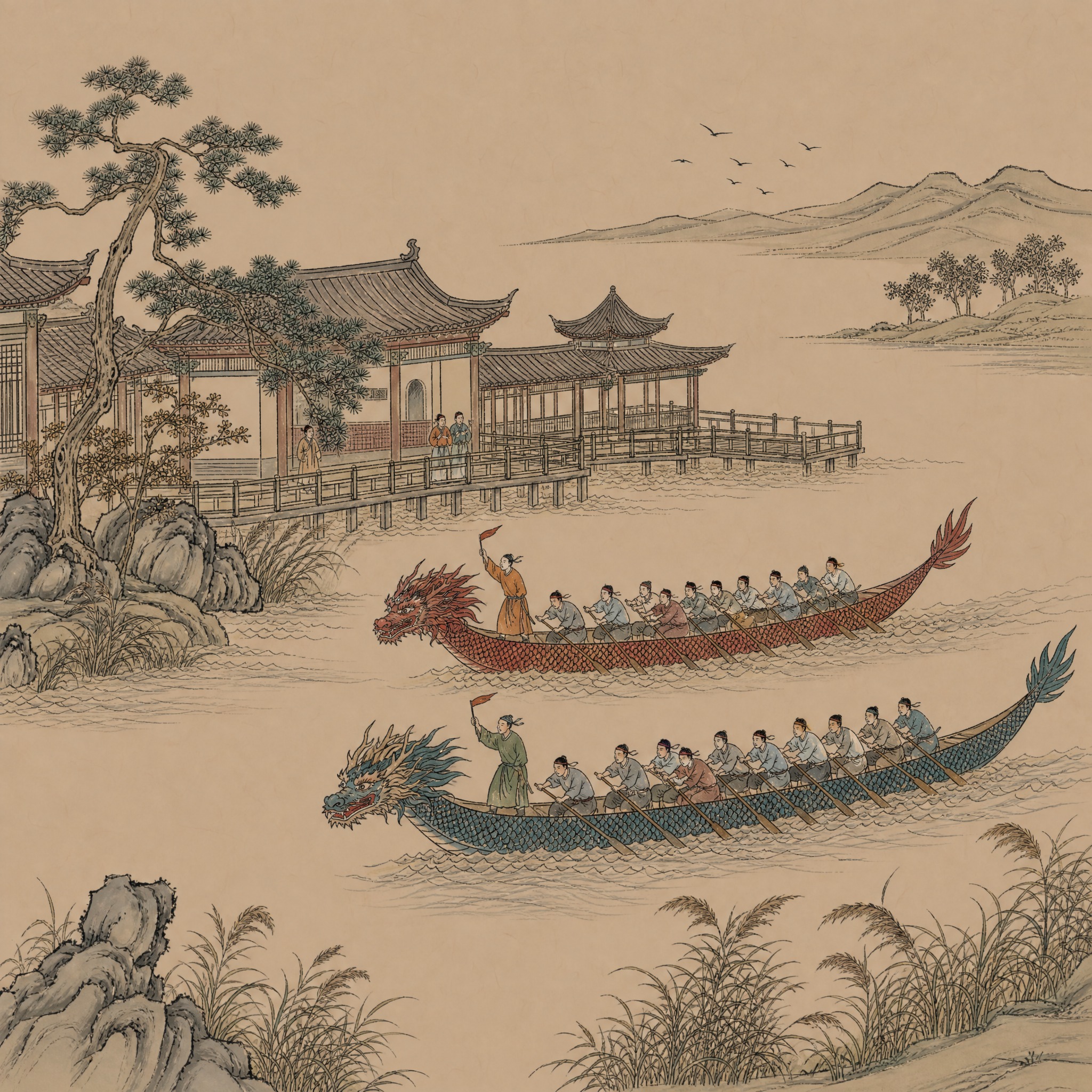 参考图中的中国古画风格，米黄色宣纸纹理背景，工笔淡彩画风，重新… - 图片创意预览
