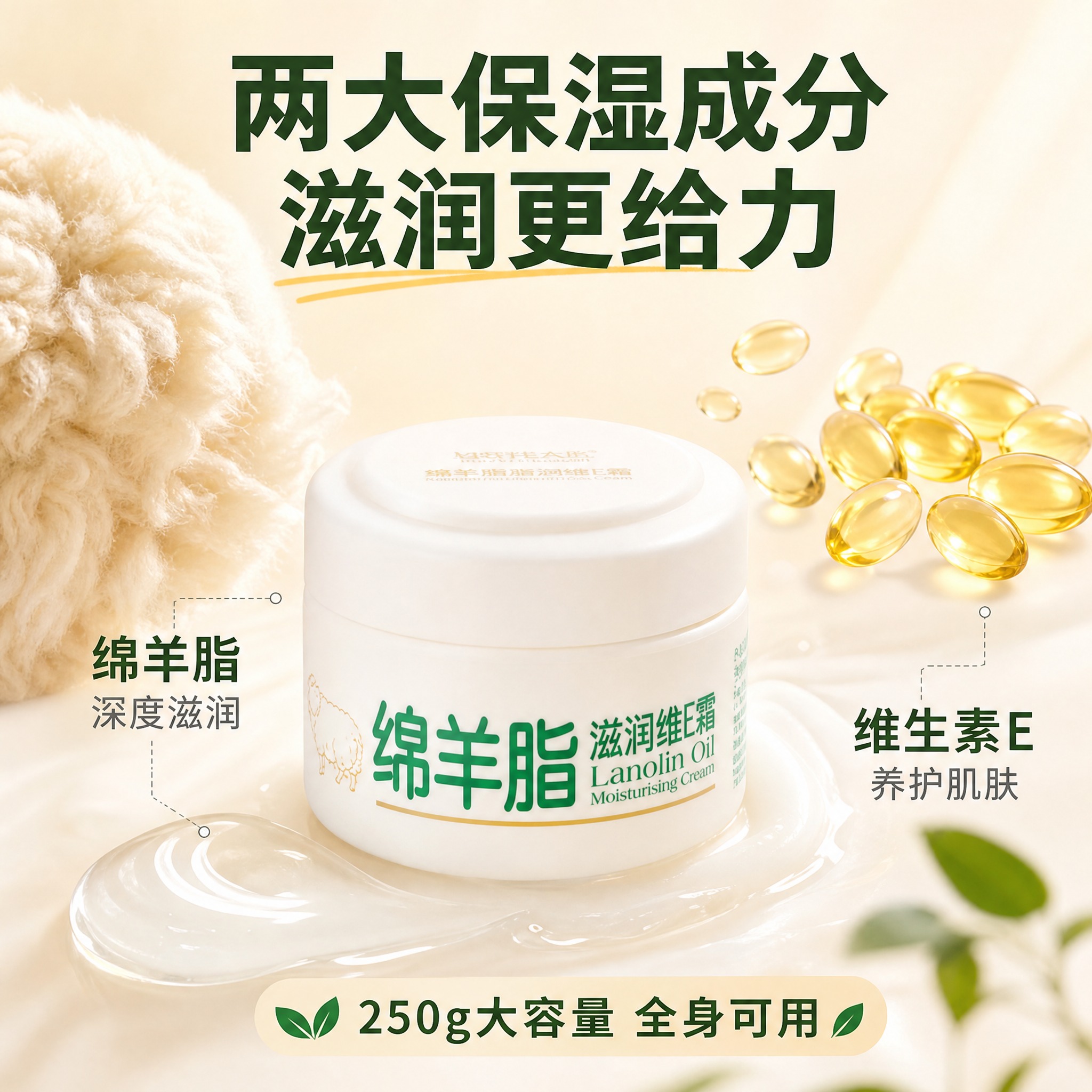[主图-2] 核心成分卖点图，展示绵羊脂和维E两大保湿成分，强… - 图片创意预览