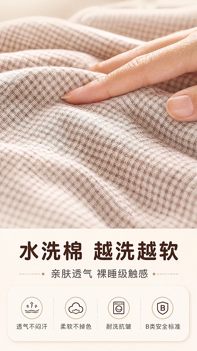 [商品] 使用【图1】浅咖小格纹三件套面料局部；保留浅咖色小格纹图案、水洗棉肌理、纱线纹理；商品处理：去除塑料包装和绑带，放大面料局部，增强水洗棉的柔软肌理感和格纹缝线细节，不改变颜色和图案比例。
[画面] 目标：细节质感展示，突出水洗棉亲肤透气的材质优势。构图：上半部分为面料微距特写，下半部分放文案和图标。主体占画面55%，景别：微距特写。前景面料肌理清晰可见，中景柔和虚化过渡，后景纯色渐变。用手轻轻抚摸面料的动作增加真实触感联想。
[视觉] 套系策略：风格=日系清新宿舍风商业摄影；标题字=圆润粗黑体；正文字=简洁无衬线体；主色=暖米杏；背景延展=基于暖米杏做深浅层级、同色渐变和细腻织物/木质质感；强调色=奶茶棕，仅用于小面积图标、引线和标签；标题色=深咖棕；正文色=中暖灰；组件=圆角浅底信息卡、细线引线；光影=左前侧暖柔光，窗边自然光感。
[文字] 下半部分主标题「水洗棉 越洗越软」，副标题「亲肤透气 裸睡级触感」，下方4个图标+短卖点：透气不闷汗 / 柔软不掉色 / 耐洗抗皱 / B类安全标准。文字横向排版，清晰易读。
[规格] 图片比例9:16竖版，4K分辨率，避免变形、错字、文字过小、冷蓝背景、面料颜色改变、格纹失真。
