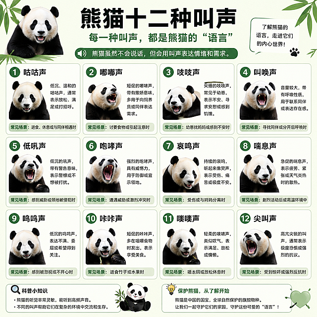 熊猫十二种叫声科普信息图，清晰的图文排版，展示熊猫不同叫声对应的科普文字和熊猫图片，科普风格，信息清晰明了