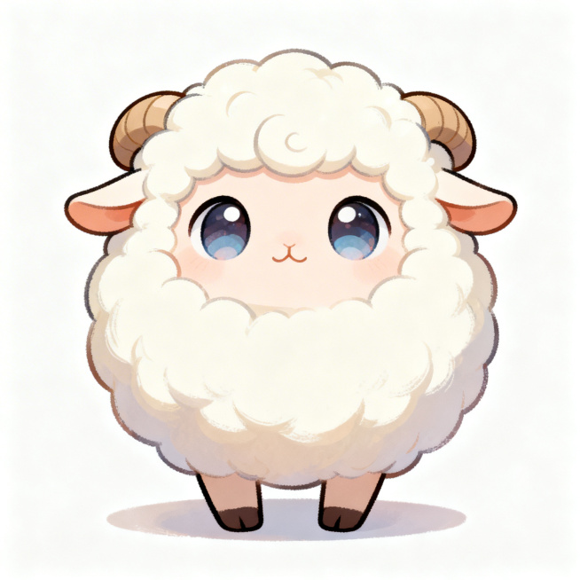 可爱Q版小羊，圆滚滚的软萌造型，大大的水汪汪眼睛，羊毛蓬松柔软呈奶白色，头顶有小巧的弯弯羊角，神态软萌乖巧，色彩明亮治愈，卡通插画风格，纯色简约背景，整体风格软萌可爱预览效果