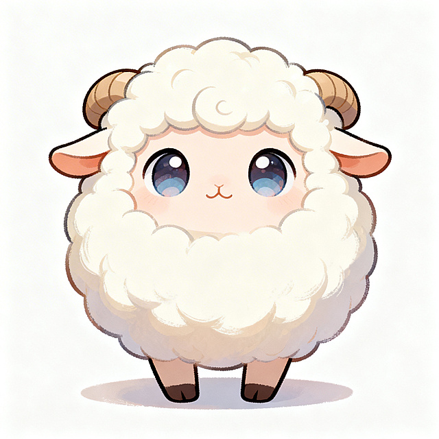 可爱Q版小羊，圆滚滚的软萌造型，大大的水汪汪眼睛，羊毛蓬松柔软呈奶白色，头顶有小巧的弯弯羊角，神态软萌乖巧，色彩明亮治愈，卡通插画风格，纯色简约背景，整体风格软萌可爱