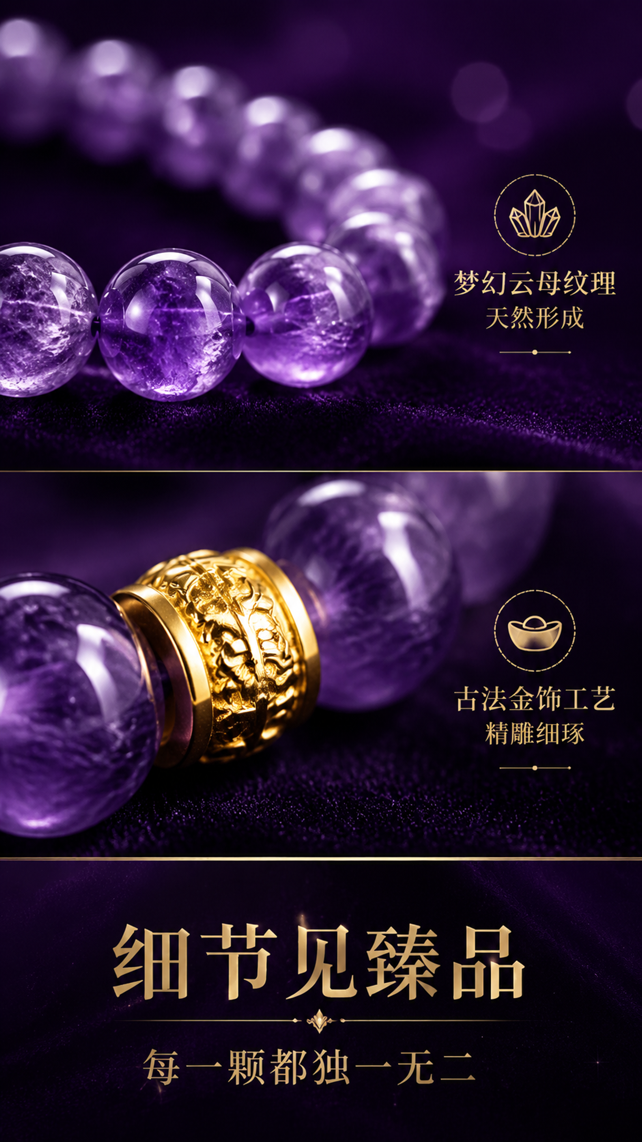 [第3张] 详情页细节微距-紫水晶云母纹理与金饰工艺特写。本张… - 图片创意预览