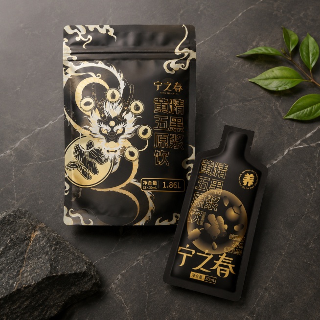 轻奢健康饮品商业摄影。
主体：黄精五黑原浆饮品外袋和内袋严格参照上传产品图，完整保留所有可见组件、轮廓、结构、比例、材质、颜色与产品本体上的文字信息（logo/型号/规格/参数等），与上传图完全一致；预览效果