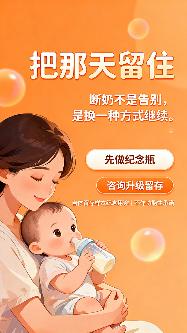 温暖治愈风格成交页面，暖橙底色，标题“把那天留住”，副文案“断奶不是告别，是换一种方式继续。”，主按钮“先做纪念瓶”，辅按钮“咨询升级留存”，底部小字“自体留存样本纪念用途｜不作功能性承诺”，画面带有母婴温馨互动元素
