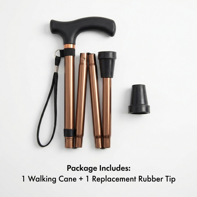 Package and accessories display of the folding walking cane, neat flat lay of the complete product s预览效果