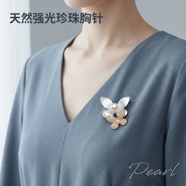 [主图-1] 珍珠胸针模特佩戴展示首图
[氛围风格] 低饱和高级质感，轻奢优雅，氛围感
[画质] 商业摄影质感，光线柔和通透，产品清晰真实，画面干净高级
[元素] 保持珍珠胸针的外观、物理结构、材质质预览效果
