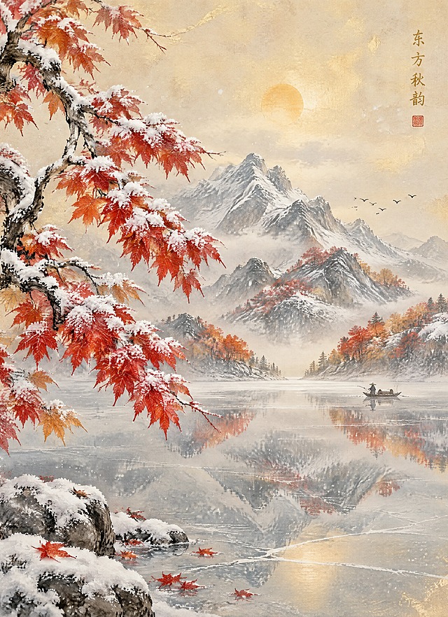 沿用参考图的国风工笔水墨＋金箔质感与东方文人画留白手法，重新创作一幅全新的「雪中红枫」幻想冬日山水场景：背景为暖米色金箔纹理宣纸，天空中飘落细雪，一轮朦胧淡金冬日暖阳隐约于雾气之后；中景层叠的灰墨山峦被薄雪覆盖，山脊勾勒出清晰的雪线，山间枫树与槭树的枫叶依旧炽烈朱红、橘金，红枫枝头与叶片上堆积着细碎白雪；前景左侧虬曲的枯枝上垂满覆雪的红枫叶，雪粒晶莹、叶脉清晰；下方为结着薄冰的镜面湖水中倒映雪峰与红枫，岸边石上覆盖积雪，几点朱红落叶漂浮，远处有小舟与飞鸟剪影，空中留白处点缀飘雪与薄雾。整体以冷灰蓝雪色与暖金朱红形成强烈冷暖对比，画面疏密有致、留白典雅、梦幻宁静。在画面右侧偏上竖排题写文艺书法文字「东方秋韵」，字体为清雅簪花小楷／瘦金体手写感，墨色带淡金边，文字下方配一枚朱红篆刻小印；除该题字外画面干净整洁，不出现任何其他文字、水印或 logo。