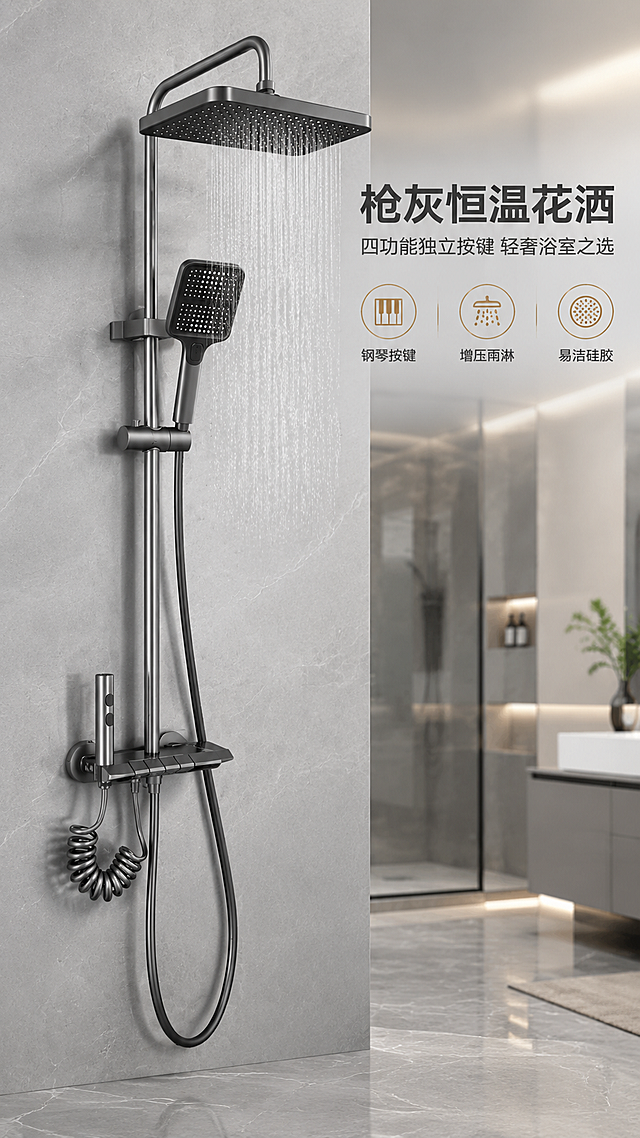 [商品] 使用【图1】枪灰色四功能淋浴花洒套装；保留方形顶喷、方形手持花洒、喷枪、钢琴按键阀体、升降杆、置物平台、弹簧软管的完整结构与枪灰色金属质感；去除原图右侧镜像倒影和红色贴纸，修复墙面水渍，使产品外观干净精致。
[画面] 目标：专业头图，展示产品全貌与轻奢质感。构图：产品居中偏左，占画面约60%，现代轻奢浴室场景，右侧留白放文字；前景为浅灰色大理石地面，中景为产品安装在浅灰色纹理墙面上，背景虚化延伸出浴室空间（隐约可见玻璃淋浴房、洗手台边缘）；顶喷自然向下，手持花洒挂在升降座上，喷枪收于阀体左侧，整体呈标准安装状态。
[视觉] 套系策略：风格=现代轻奢卫浴商业摄影；标题字=粗黑体无衬线；正文字=简洁无衬线体；主色=枪灰+高级灰；背景延展=基于浅灰做深浅层级、同色渐变和大理石/金属质感；强调色=暖香槟金，仅用于小面积图标、引线、标签或局部高光；标题色=深炭灰；正文色=中暖灰；组件=圆角浅灰信息卡、细线引线、金色点缀图标；光影=左前侧柔光，金属表面有细腻高光反射，整体通透干净。
[文字] 右上区域文字排版：主标题"枪灰恒温花洒"（大字号粗体），副标题"四功能独立按键 轻奢浴室之选"（中字号），下方3个短卖点图标+文字："钢琴按键""增压雨淋""易洁硅胶"；文字不遮挡产品主体，层级清晰，手机端可读。
[规格] 图片比例9:16竖版，4K，避免变形、错字、文字过小、冷蓝背景、产品颜色改变、结构缺失、水渍污渍、镜像倒影。