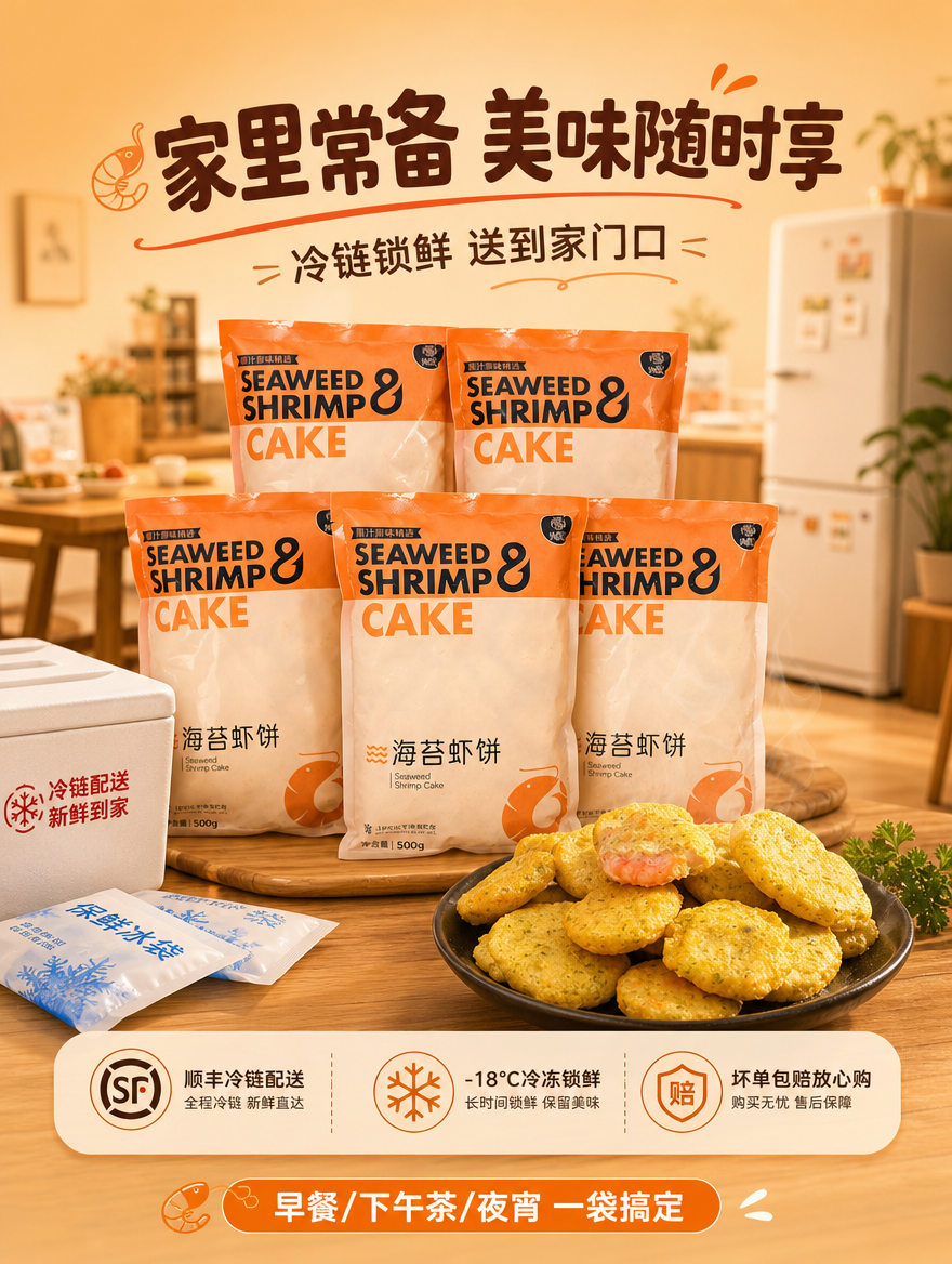 [商品] 使用【图1】袋装产品图和【图4】成品虾饼图；保留包装… - 图片创意预览