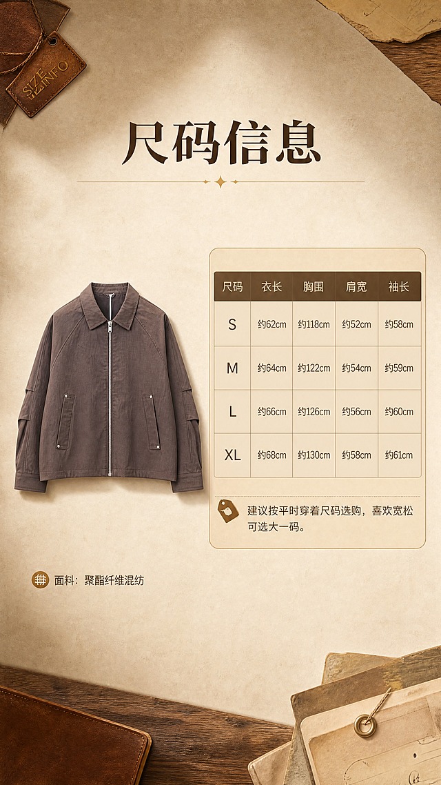 [商品] 使用【图1】深棕色翻领短款夹克；商品处理：保留翻领、金属拉链、插肩袖、双侧口袋、袖口结构、美拉德棕颜色和微皱肌理面料；自然去除衣身杂乱褶皱，理顺垂坠，增强面料纹理、缝线、拉链和五金质感，不改变版型和结构。
[画面] 目标：尺码信息页，提供选码参考。构图：左侧夹克正面平铺展示，右侧尺码信息表格。主体占画面50%，背景为浅米杏色加细腻织物纹理，底部有柔和投影。阅读动线从上方标题到左侧产品再到右侧尺码表。
[视觉] 套系策略：风格=美拉德复古高级商业摄影，杂志画报感；标题字=现代衬线粗体，带轻微复古衬线；正文字=简洁无衬线体；主色=美拉德深棕；背景延展=基于深棕做焦糖、驼色、米杏的同色系渐变与暖调光影，加入木纹、皮革、旧纸张质感层次；强调色=焦糖金，仅用于小面积图标、引线、标签和高光点缀；标题色=深炭棕；正文色=暖棕灰；组件=圆角浅棕信息卡、细金线引线、复古标签；光影=正上方暖柔光，均匀清晰。
[文字] 上方居中主标题「尺码信息」。右侧表格包含：尺码（S/M/L/XL）、衣长、胸围、肩宽、袖长四列数据，数据用约值表达。表格下方选码建议：「建议按平时穿着尺码选购，喜欢宽松可选大一码」。左下角标注面料成分：「面料：聚酯纤维混纺」。文字全部横向排版，表格清晰易读。
[规格] 图片比例9:16竖版，4K分辨率，medium质量。避免变形、错字、文字过小、冷蓝背景、衣服颜色改变、版型失真、绝对化用语。