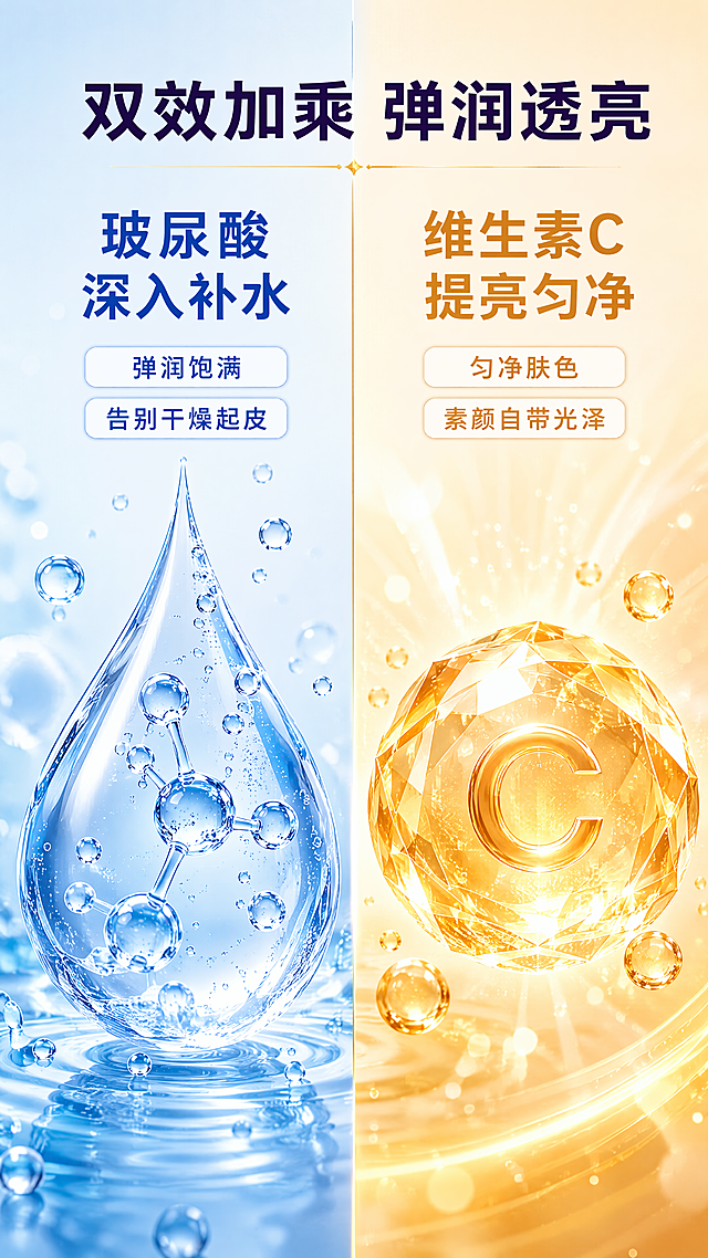 [第4屏] 欧莱雅复颜日霜成分功效屏（下）- 玻尿酸补水+维C提亮双效展示。本屏为成分专屏，无需产品外观图。
[氛围/风格] 双效成分对比展示风，左右分区，清新通透+明亮焕亮，商业摄影质感。
[元素布局] 画面左右对半分区：左侧为玻尿酸主题，大型透明蓝色水滴3D模型，内部有玻尿酸分子链，周围环绕水珠与水波纹，背景浅蓝渐变；右侧为维生素C主题，大型橙黄色维C晶体3D模型，周围有金色光芒粒子与亮白光斑，背景暖橙渐变；中间有金色竖线分割；顶部为双成分总标题区。
[光影质感] 左侧蓝色冷光通透水润，右侧暖金色光芒明亮焕亮，两侧各自有主光源，中间过渡自然。
[配色色系] 左半底色 #E8F4FD 浅蓝；右半底色 #FFF5E6 暖金；主色蓝+橙金；辅助色白色。
[视角构图] 左右对称分栏构图，阅读动线顶部总标题→左侧玻尿酸→右侧维C。
[文字版式] 顶部居中总标题「双效加乘 弹润透亮」深紫粗体字；左侧上方副标题「玻尿酸 深入补水」蓝色粗体，下方两条白色底蓝色字卡片：「弹润饱满」「告别干燥起皮」；右侧上方副标题「维生素C 提亮匀净」橙金色粗体，下方两条白色底金色字卡片：「匀净肤色」「素颜自带光泽」。
[比例分辨率] 9:16竖版比例，4K分辨率，文字清晰可辨，高清画质。
[负向提示词] 产品罐出现，水印，文字错乱，左右分区不清晰，颜色混杂，医疗术语。