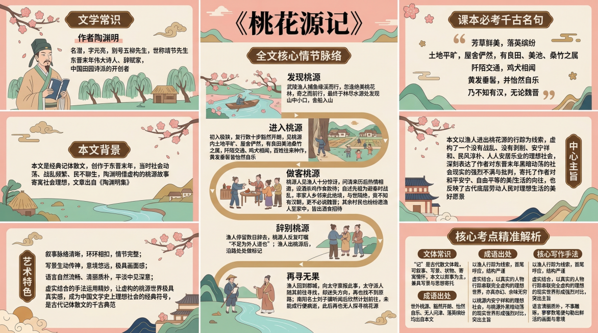 国风扁平化风格《桃花源记》初中语文知识点信息图，分块清晰内容严谨，整体整洁大气，字体规整，适配初中语文教学课件与课堂展示使用。画面包含以下模块：课题：《桃花源记》；文学常识：作者陶渊明，名潜，字元亮，预览效果