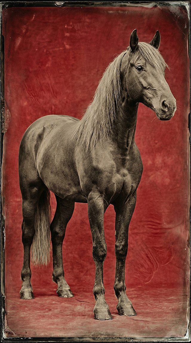 复古胶片风马匹肖像，红底衬托古典优雅，质感肌理与油画笔触交织，呈现文艺气息浓厚的视觉史诗。