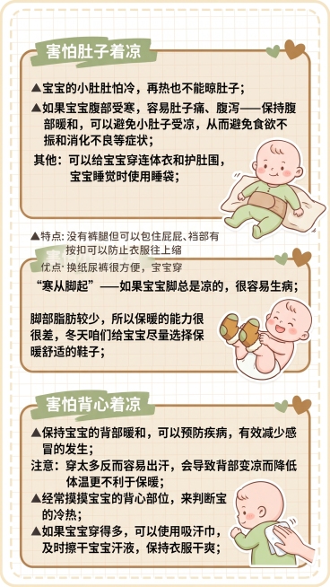 参考参考图的母婴科普图文排版风格，浅米色网格背景，绿色+棕色配色，依次排版三个部分内容：1.标题害怕肚子着凉，内容：宝宝的小肚肚怕冷，再热也不能晾肚子；▲如果宝宝腹部受寒，容易肚子痛、腹泻——保持腹部预览效果