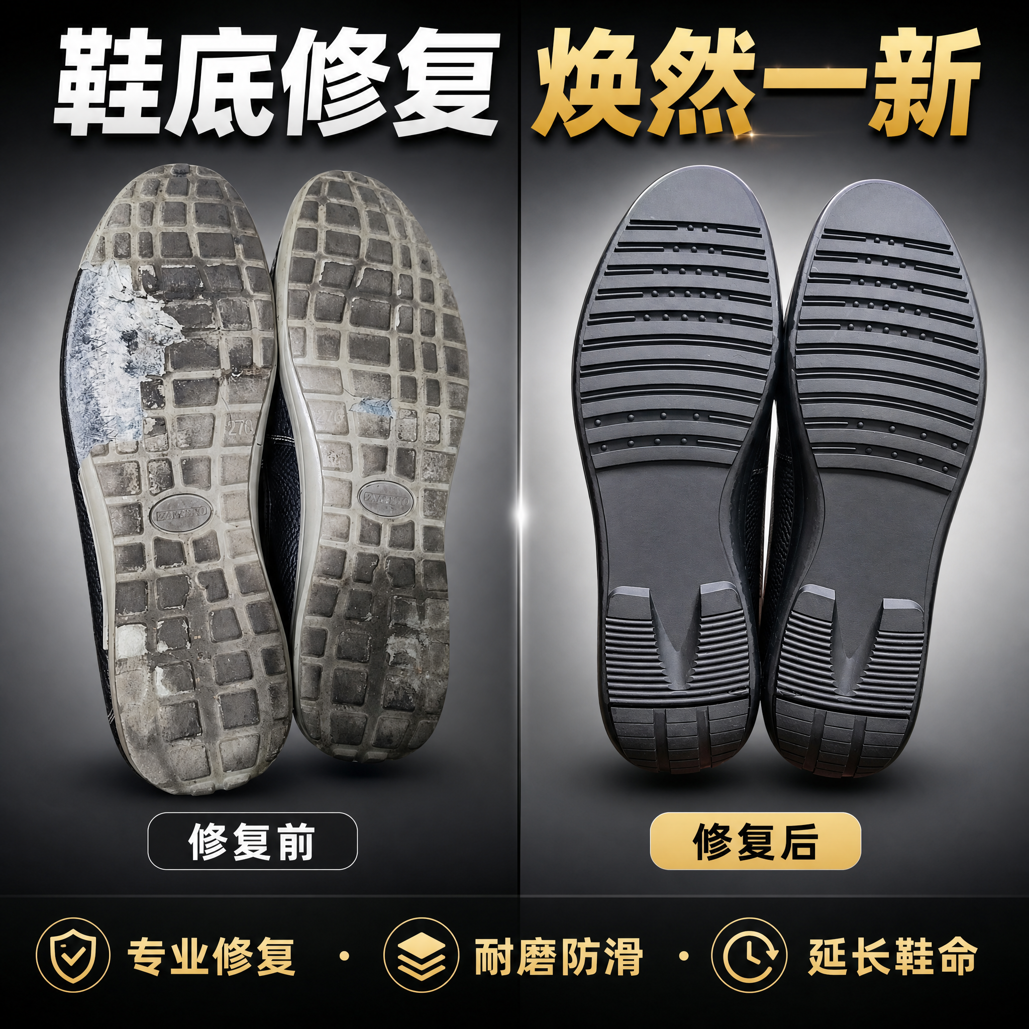 电商主图，1:1正方形，鞋底修复服务高转化主图。画面左右分屏对… - 图片创意预览