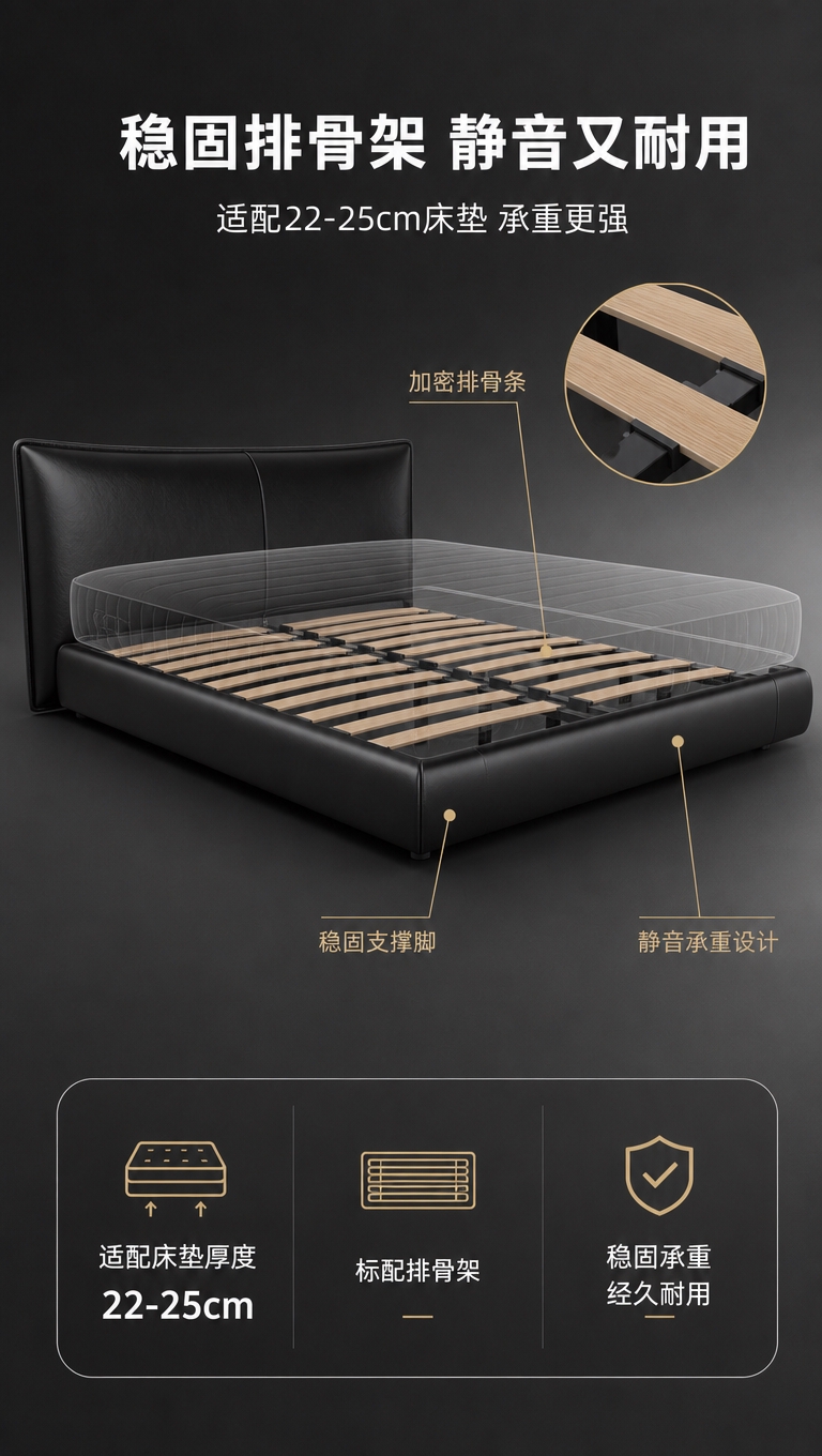 [商品] 使用【图1】黑色意式高靠背软包床；重点展示底部排骨架… - 图片创意预览