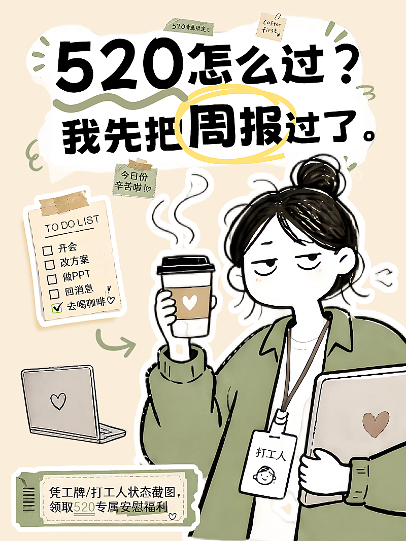 520咖啡打工牛马拼贴卡通感插画小红书封面