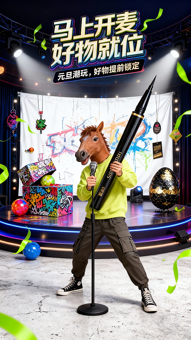 围绕模特构图，带棕色马头面具的模特（亮色卫衣+工装裤）手持超级巨大化的眼线笔摆出活泼的姿势握着前面的立麦在一个灯光璀璨的潮流剧场舞台上，舞台上搭配涂鸦印花礼盒、撞色彩球、潮酷挂饰和黑金卡纸蛋，周围飘着荧光绿彩带制造氛围；画面顶部巨大的3D创意变形艺术字“马上开麦 好物就位”，副标题“元旦潮玩，好物提前锁定”，综艺宣传海报风格，背后的白色基底涂鸦幕布+浅灰水泥地面。