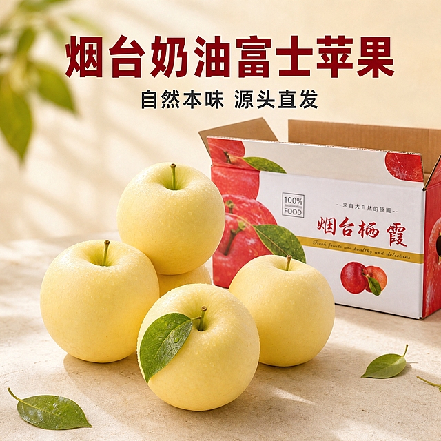 基于提供的烟台奶油富士苹果产品图和包装箱图，生成京东电商主图第6张。保留苹果奶黄色果皮、自然果斑、翠绿果梗、新鲜叶片的外观；保留包装箱红白配色、红苹果绿叶图案、"烟台栖霞"红色书法字、金色横条、侧面手提孔的样式。画面：自然色极简背景偏大地色系浅米色，前景4个奶油富士苹果错落摆放，果皮淡雅奶黄色，果面带细小自然斑点，果梗翠绿，叶片嫩绿自然垂落，自然生长本真状态。背景中一个同款包装箱自然放置，中景深处理。错落分布构图。左上角少量虚化绿叶作前景装饰。自然光从侧上方斜射，形成明亮高光和柔和阴影，自然真实大地色系。画面上方文案：第一行大字号粗黑体深红色"烟台奶油富士苹果"，正下方小字号深灰黑体"自然本味 源头直发"，两行垂直居中。苹果主体位于文案下方。品质生鲜摄影风格，1:1比例。禁止变形、错字、模糊、水印、平台Logo。