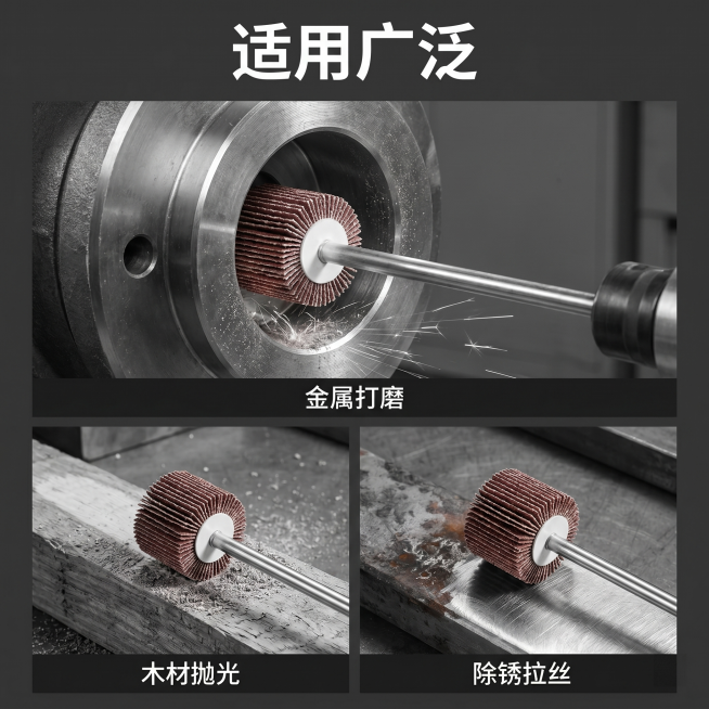 [主图 4] 百页轮磨头多场景应用展示。[氛围风格] 黑白工业风，真实加工场景。[画质] 商业摄影质感，场景清晰真实，产品突出。[元素] 拼接展示百页轮磨头三种应用场景：上半部分金属打磨深孔抛光，下半预览效果