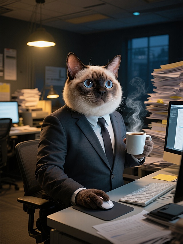 拟人胖乎乎德文猫穿着西装左手拿着咖啡，右手握着鼠标，在办公室繁忙的加班，背景夜晚