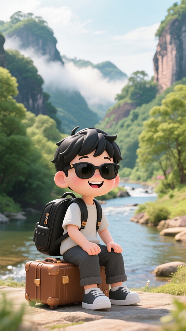 软3D风卡通男孩，清新自然背景，旅行主题，阳光明媚。